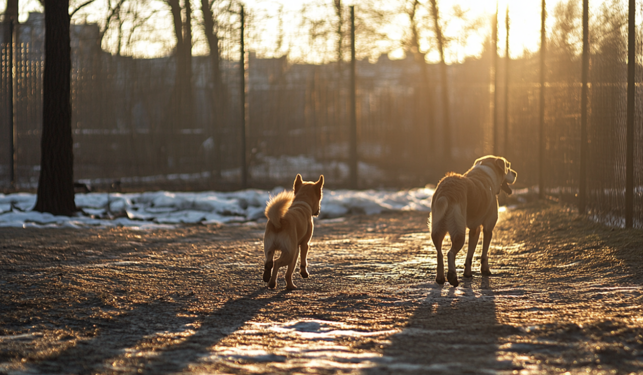 Kaksi koiraa ulkona talvisessa säässä.